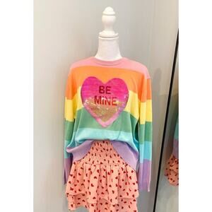 Queen of Sparkles Sequin Be Mine Heart Striped Sweater Rainbow Kids L / Adult XS